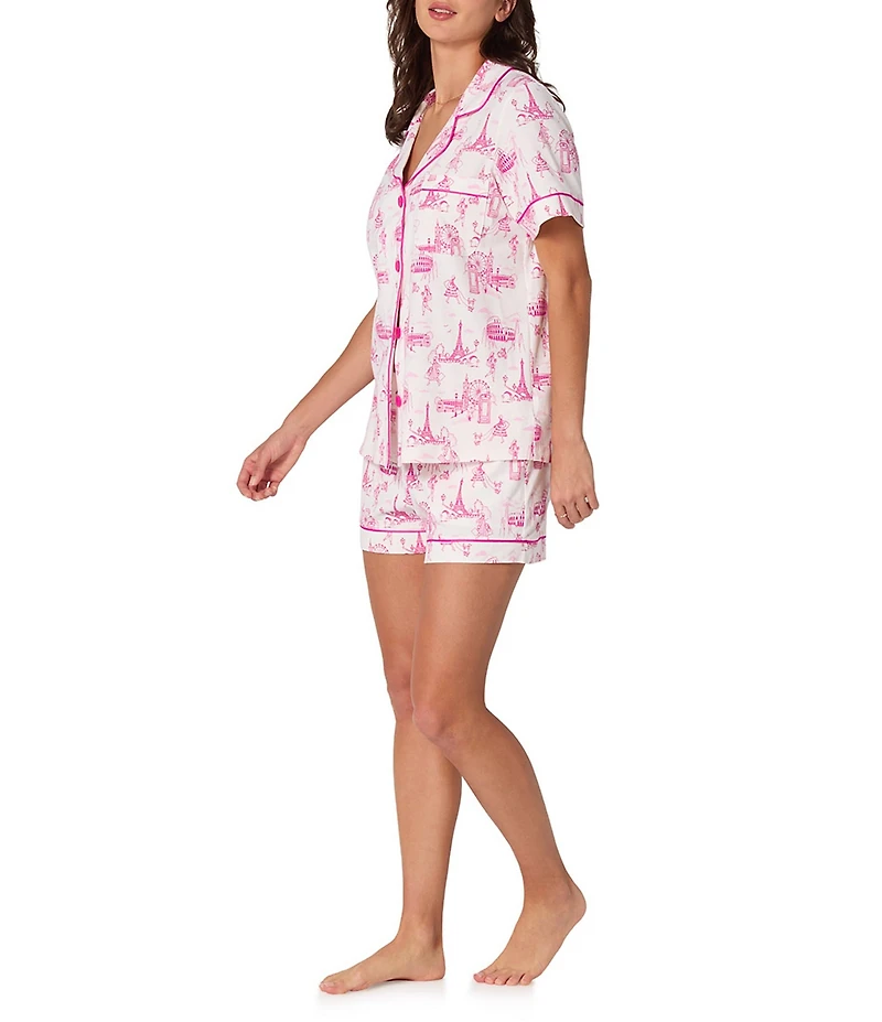 BedHead Jet Setter Toile Print Organic Cotton Blend Short Sleeve Notch Collar Knit Shorty Pajama Set