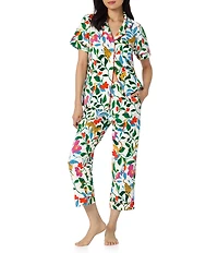 BedHead Jungle Serenade Print Short Sleeve Notch Collar Organic Cotton Jersey Knit Cropped Pajama Set