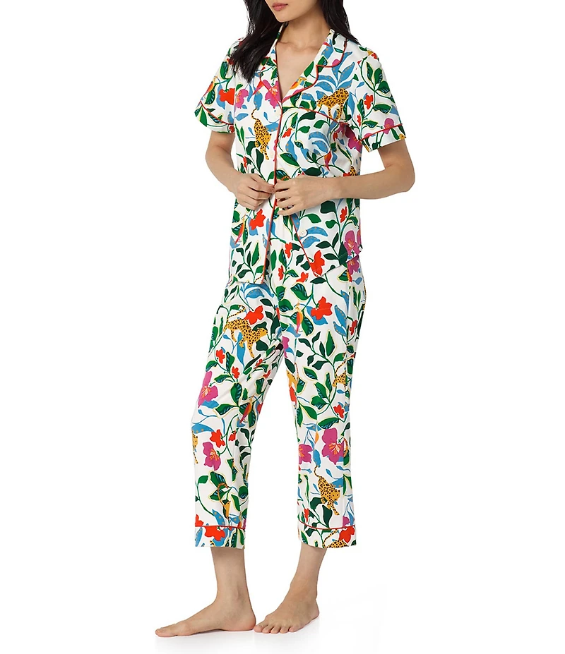 BedHead Jungle Serenade Print Short Sleeve Notch Collar Organic Cotton Jersey Knit Cropped Pajama Set