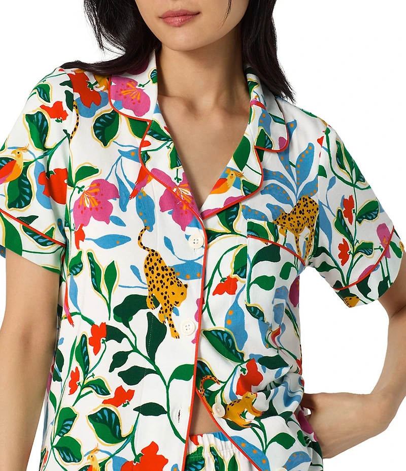 BedHead Jungle Serenade Print Short Sleeve Notch Collar Organic Cotton Jersey Knit Cropped Pajama Set