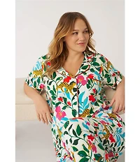 BedHead Jungle Serenade Print Short Sleeve Notch Collar Organic Cotton Jersey Knit Cropped Pajama Set