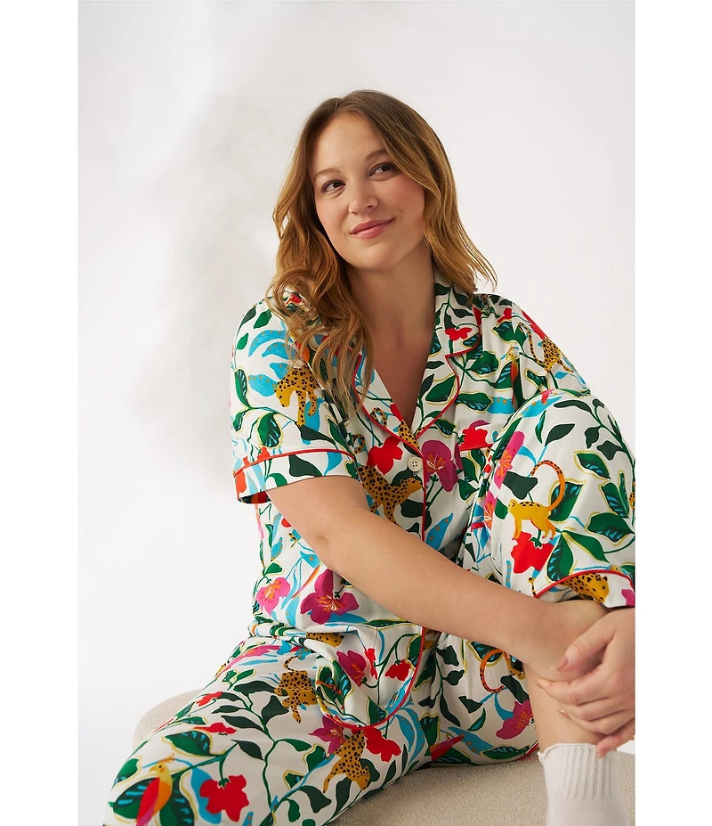 BedHead Jungle Serenade Print Short Sleeve Notch Collar Organic Cotton Jersey Knit Cropped Pajama Set