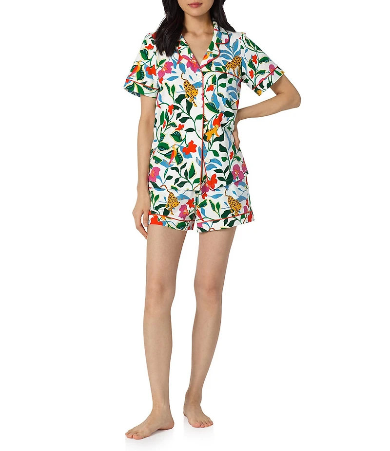 BedHead Jungle Serenade Print Short Sleeve Notch Collar Organic Cotton Stretch Jersey Knit Shorty Pajama Set
