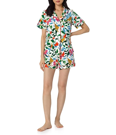 BedHead Jungle Serenade Print Short Sleeve Notch Collar Organic Cotton Stretch Jersey Knit Shorty Pajama Set