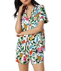 BedHead Jungle Serenade Print Short Sleeve Notch Collar Organic Cotton Stretch Jersey Knit Shorty Pajama Set