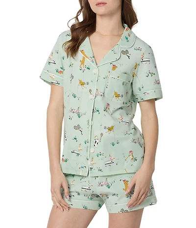 BedHead Lawn Games Print Organic Cotton Blend Short Sleeve Notch Collar Knit Shorty Pajama Set