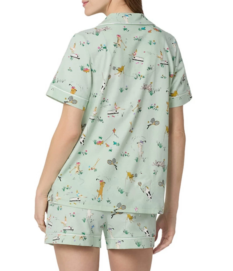 BedHead Lawn Games Print Organic Cotton Blend Short Sleeve Notch Collar Knit Shorty Pajama Set