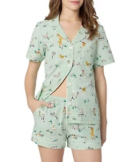 BedHead Lawn Games Print Organic Cotton Blend Short Sleeve Notch Collar Knit Shorty Pajama Set