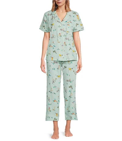 BedHead Lawn Games Print Short Sleeve Notch Collar Organic Cotton Jersey Knit Cropped Pajama Set
