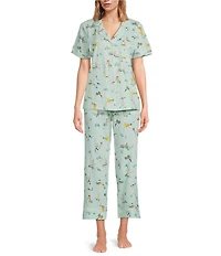 BedHead Lawn Games Print Short Sleeve Notch Collar Organic Cotton Jersey Knit Cropped Pajama Set