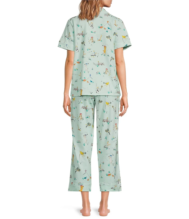 BedHead Lawn Games Print Short Sleeve Notch Collar Organic Cotton Jersey Knit Cropped Pajama Set
