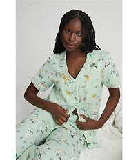 BedHead Lawn Games Print Short Sleeve Notch Collar Organic Cotton Jersey Knit Cropped Pajama Set