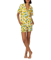 BedHead Lemon Fruit Print Short Sleeve Notch Collar Cotton Knit Shorty Pajama Set