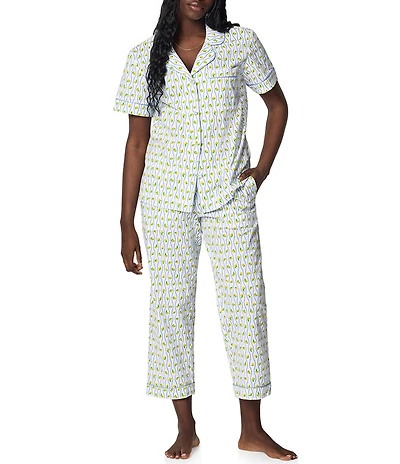 BedHead Limoncello Stripe Print Short Sleeve Notch Collar Woven Organic Cotton Poplin Cropped Pajama Set
