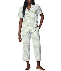 BedHead Limoncello Stripe Print Short Sleeve Notch Collar Woven Organic Cotton Poplin Cropped Pajama Set