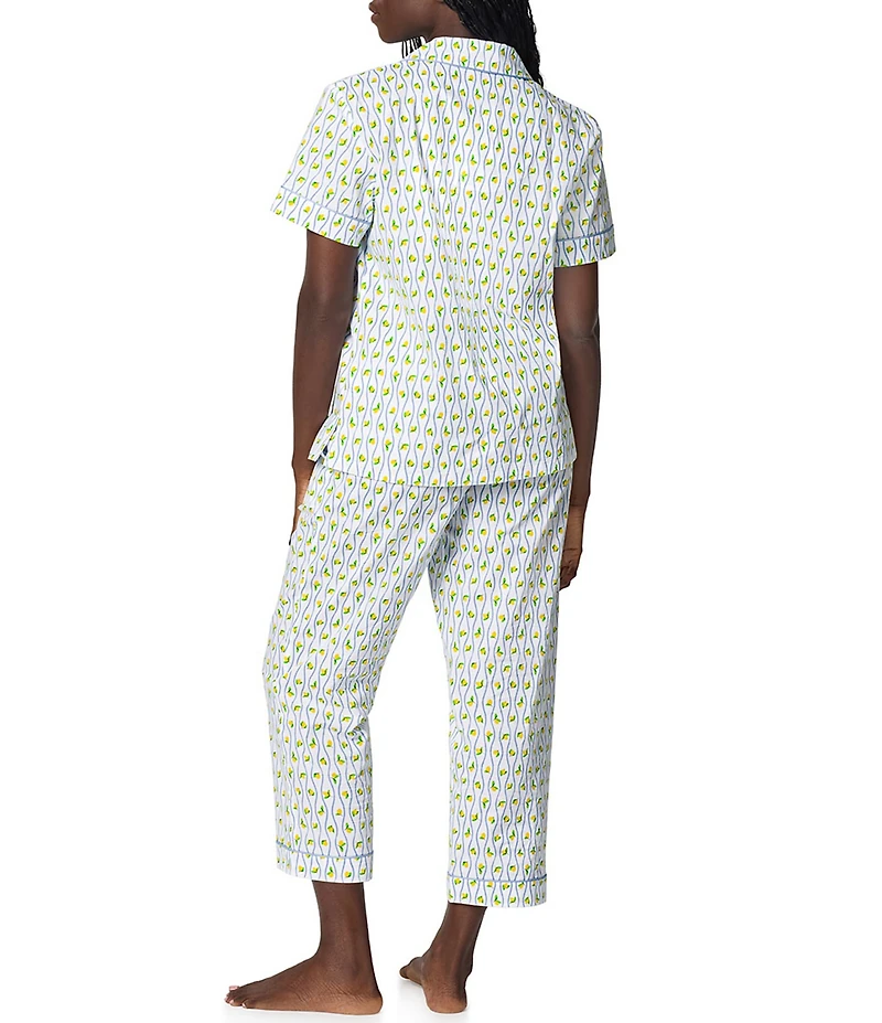 BedHead Limoncello Stripe Print Short Sleeve Notch Collar Woven Organic Cotton Poplin Cropped Pajama Set