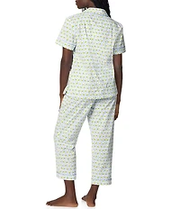 BedHead Limoncello Stripe Print Short Sleeve Notch Collar Woven Organic Cotton Poplin Cropped Pajama Set