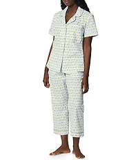 BedHead Limoncello Stripe Print Short Sleeve Notch Collar Woven Organic Cotton Poplin Cropped Pajama Set