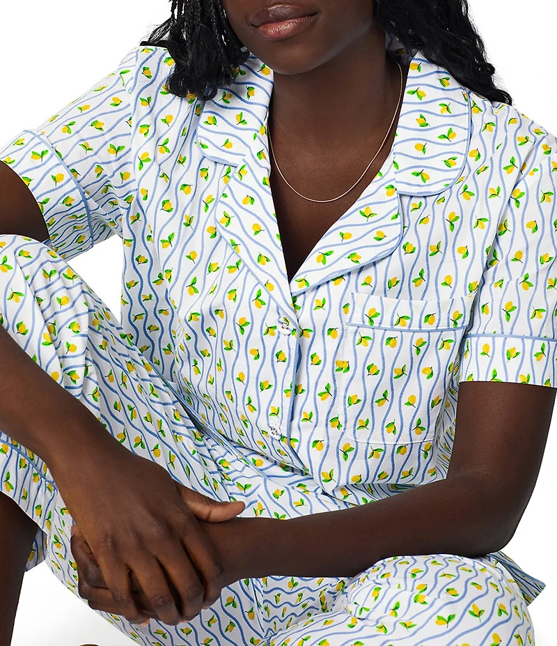 BedHead Limoncello Stripe Print Short Sleeve Notch Collar Woven Organic Cotton Poplin Cropped Pajama Set