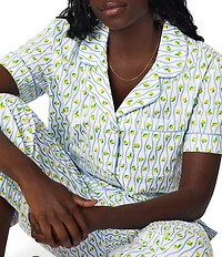 BedHead Limoncello Stripe Print Short Sleeve Notch Collar Woven Organic Cotton Poplin Cropped Pajama Set