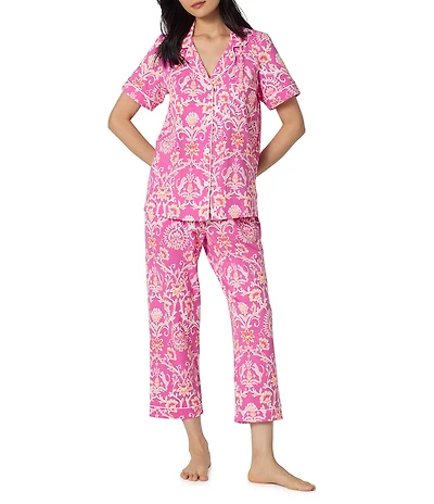 BedHead Luxe Leopard Print Short Sleeve Notch Collar Organic Cotton Jersey Knit Cropped Pajama Set