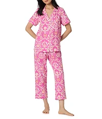 BedHead Luxe Leopard Print Short Sleeve Notch Collar Organic Cotton Jersey Knit Cropped Pajama Set