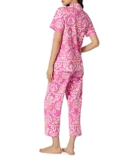 BedHead Luxe Leopard Print Short Sleeve Notch Collar Organic Cotton Jersey Knit Cropped Pajama Set