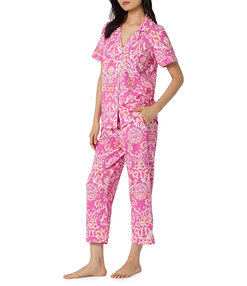 BedHead Luxe Leopard Print Short Sleeve Notch Collar Organic Cotton Jersey Knit Cropped Pajama Set