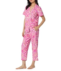BedHead Luxe Leopard Print Short Sleeve Notch Collar Organic Cotton Jersey Knit Cropped Pajama Set