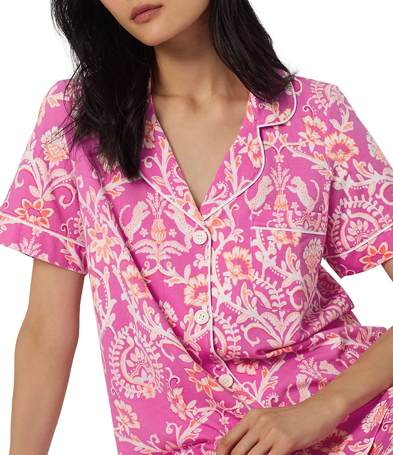 BedHead Luxe Leopard Print Short Sleeve Notch Collar Organic Cotton Jersey Knit Cropped Pajama Set