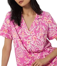 BedHead Luxe Leopard Print Short Sleeve Notch Collar Organic Cotton Jersey Knit Cropped Pajama Set