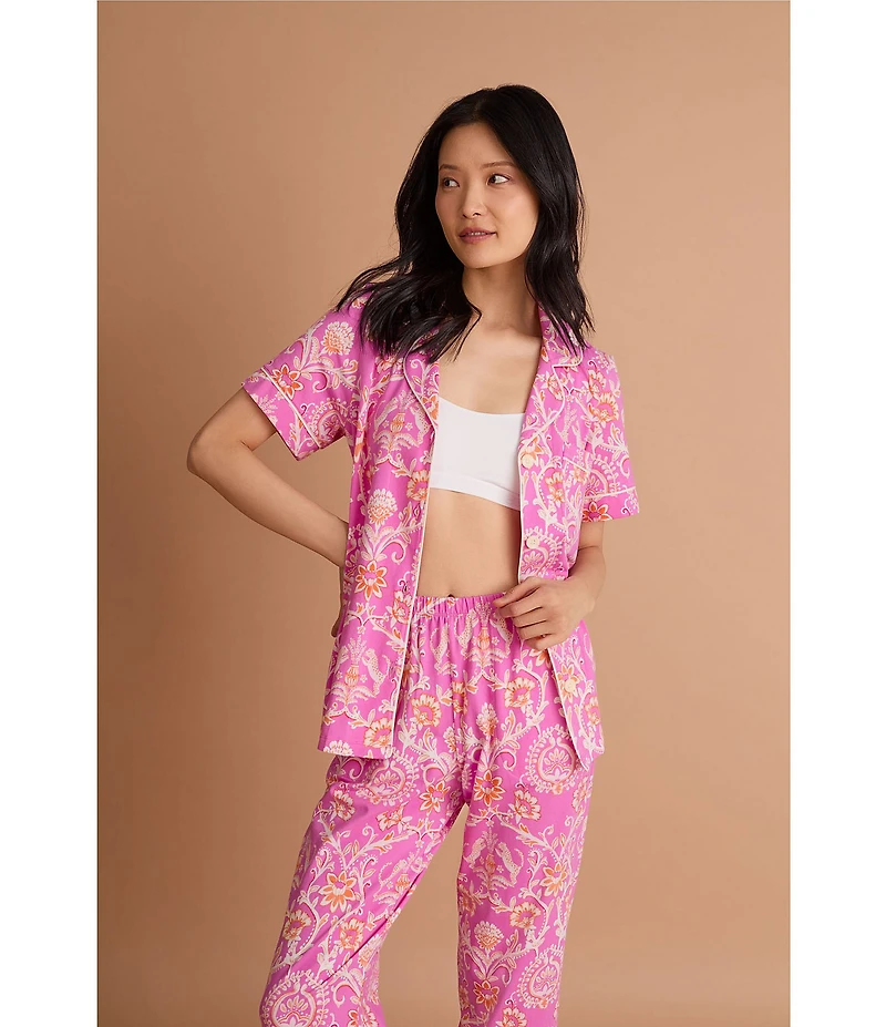 BedHead Luxe Leopard Print Short Sleeve Notch Collar Organic Cotton Jersey Knit Cropped Pajama Set