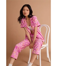 BedHead Luxe Leopard Print Short Sleeve Notch Collar Organic Cotton Jersey Knit Cropped Pajama Set