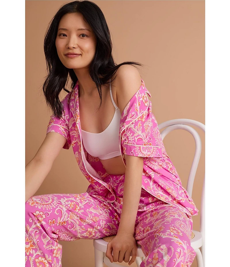 BedHead Luxe Leopard Print Short Sleeve Notch Collar Organic Cotton Jersey Knit Cropped Pajama Set