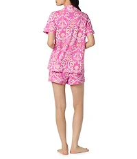 BedHead Luxe Leopard Print Short Sleeve Notch Collar Organic Cotton Stretch Jersey Knit Shorty Pajama Set
