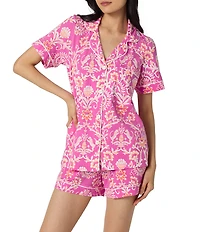 BedHead Luxe Leopard Print Short Sleeve Notch Collar Organic Cotton Stretch Jersey Knit Shorty Pajama Set