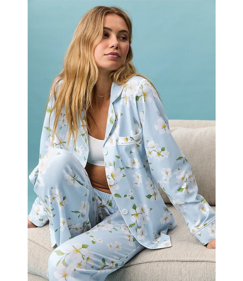 Bedhead Magnolia Breeze Print Organic Cotton Long Sleeve Notch Collar Knit Long Pajama Set