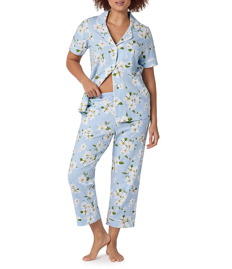 BedHead Magnolia Breeze Print Short Sleeve Notch Collar Cotton Knit Cropped Pajama Set