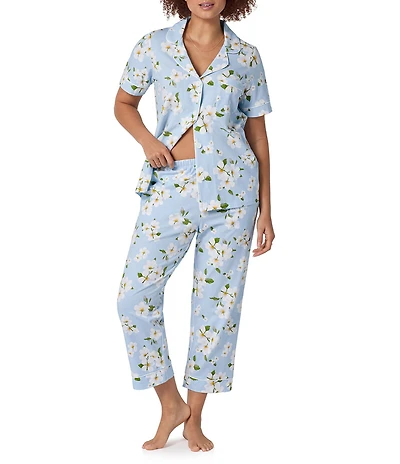 BedHead Magnolia Breeze Print Short Sleeve Notch Collar Cotton Knit Cropped Pajama Set
