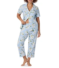BedHead Magnolia Breeze Print Short Sleeve Notch Collar Cotton Knit Cropped Pajama Set