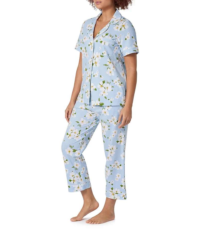 BedHead Magnolia Breeze Print Short Sleeve Notch Collar Cotton Knit Cropped Pajama Set