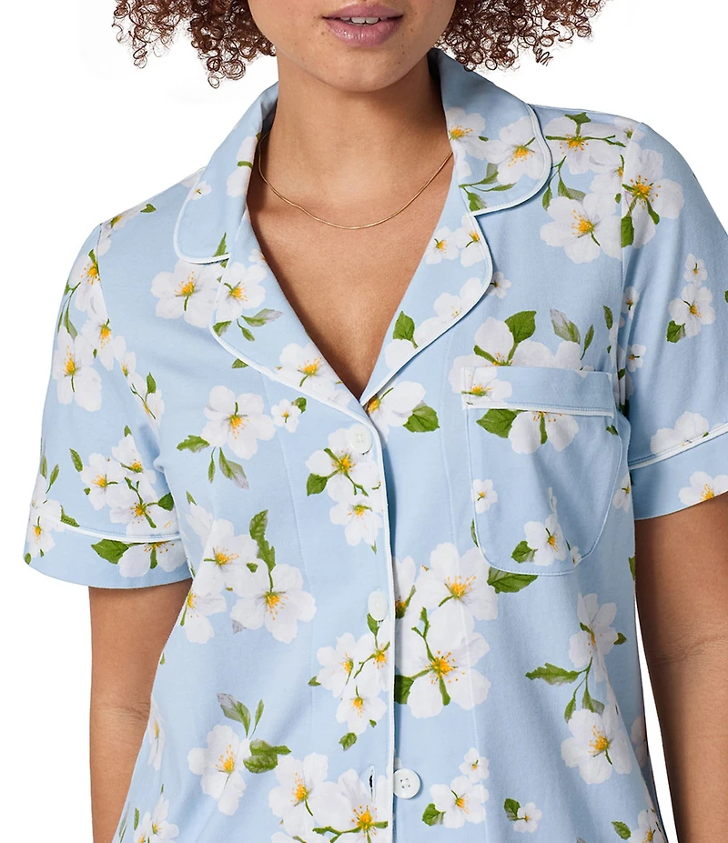 BedHead Magnolia Breeze Print Short Sleeve Notch Collar Cotton Knit Cropped Pajama Set