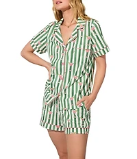 BedHead Martini O'Clock Print Organic Cotton Blend Short Sleeve Notch Collar Knit Shorty Pajama Set