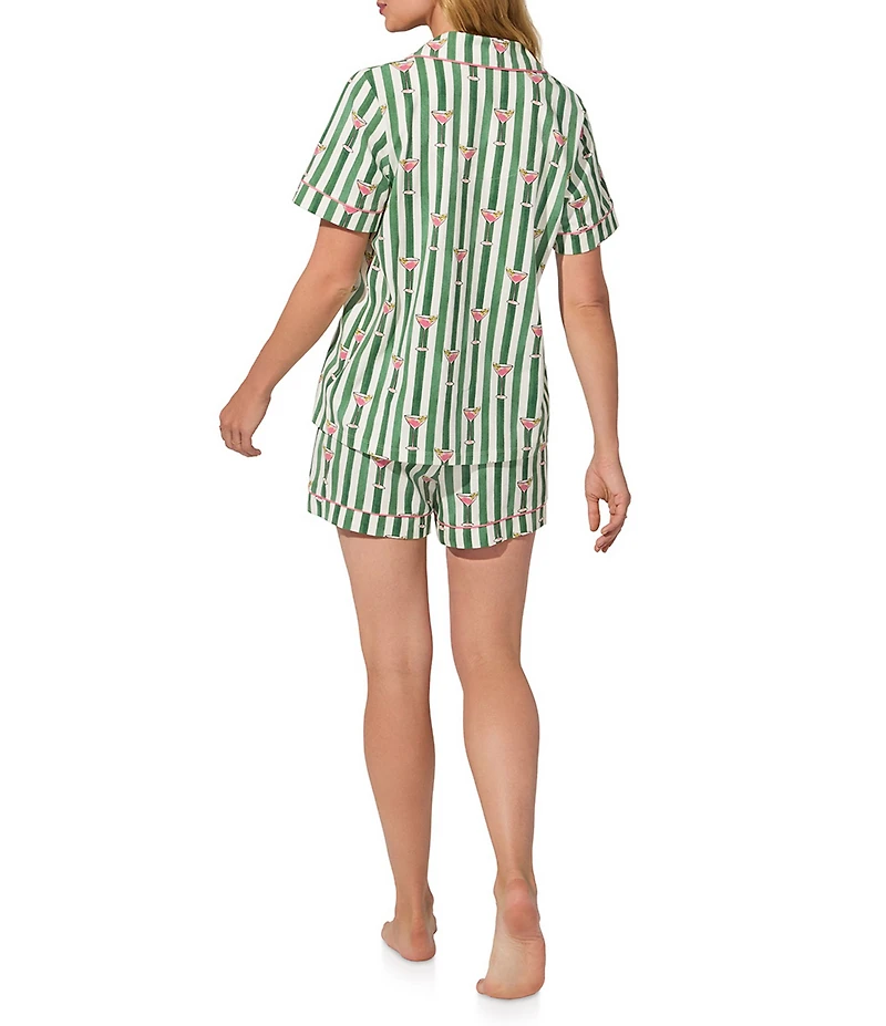 BedHead Martini O'Clock Print Organic Cotton Blend Short Sleeve Notch Collar Knit Shorty Pajama Set