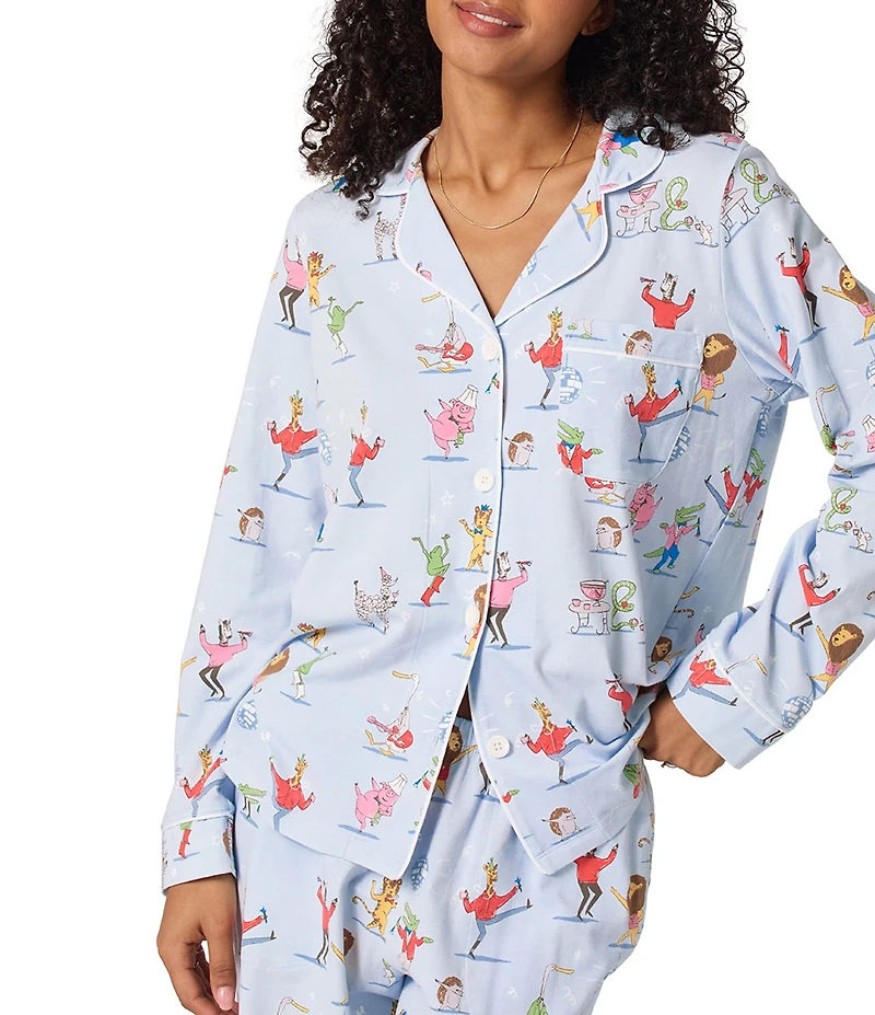 BedHead New Years Print Long Sleeve Notch Collar Knit Long Pajama Set