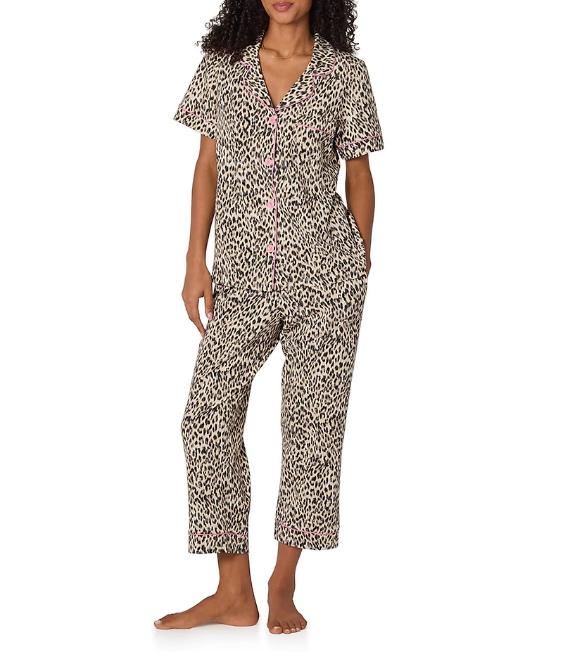BedHead Organic Cotton Animal Print Short Sleeve Notch Collar Knit Cropped Pajama Set