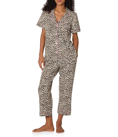 BedHead Organic Cotton Animal Print Short Sleeve Notch Collar Knit Cropped Pajama Set