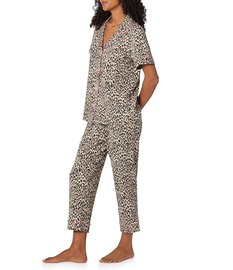 BedHead Organic Cotton Animal Print Short Sleeve Notch Collar Knit Cropped Pajama Set