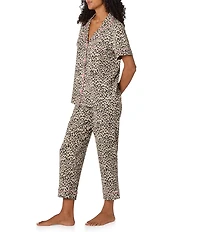 BedHead Organic Cotton Animal Print Short Sleeve Notch Collar Knit Cropped Pajama Set