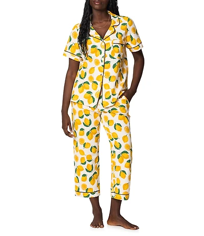 BedHead Organic Cotton Blend Main Squeeze Print Short Sleeve Notch Collar Knit Cropped Pajama Set